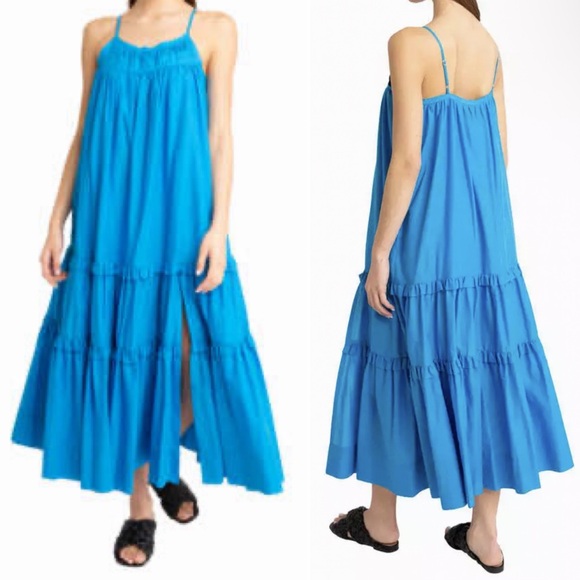 Black Halo Zinnia Maxi Dress Blue Tiered Ruffle Front Slit Sleeveless Sz. S